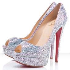 Escarpins Christian Louboutin Lady Peep Strass 140 mm à bout ouvert, couleur Aurore Boréale