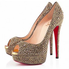 Escarpins Christian Louboutin Lady Peep Strass 140 mm à bout ouvert, couleur or