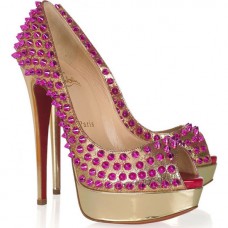 Escarpins Christian Louboutin Lady Peep Spikes 140 mm à bout ouvert, couleur or rose