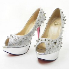 Escarpins Christian Louboutin Lady Peep Spikes 140 mm à bout ouvert argentés Escarpins Christian Louboutin Lady Peep Spikes 140 mm à bout ouvert argentés